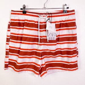 Zara Elastic Waist Pull On Striped Swim Trunks Board Shorts Orange size XL NWT